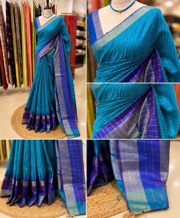 Silky Cotton Saree with Temple Border & Checks