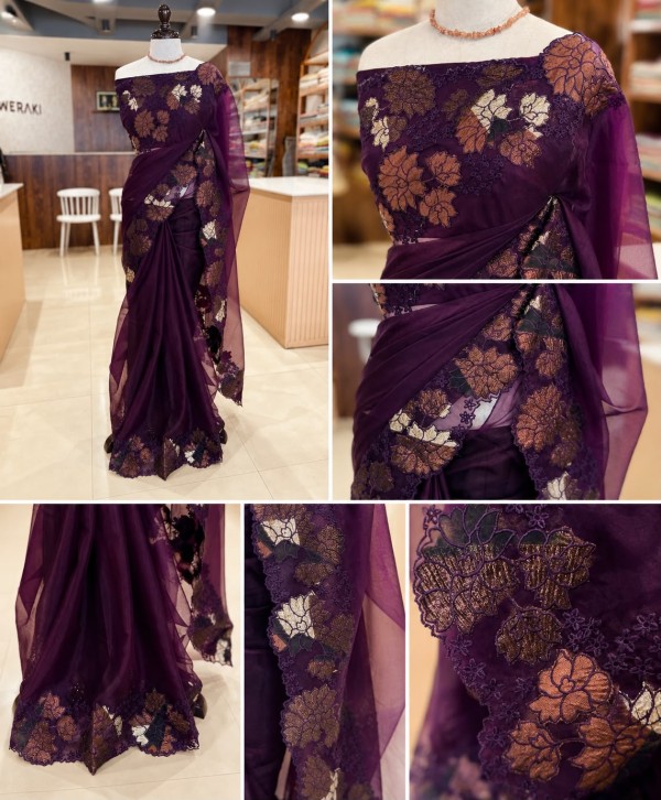 Purple Turkish Organza Saree with Appliqué Work