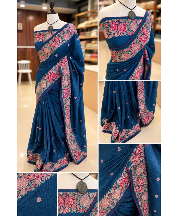 Deep Teal Blue Floral Printed Saree