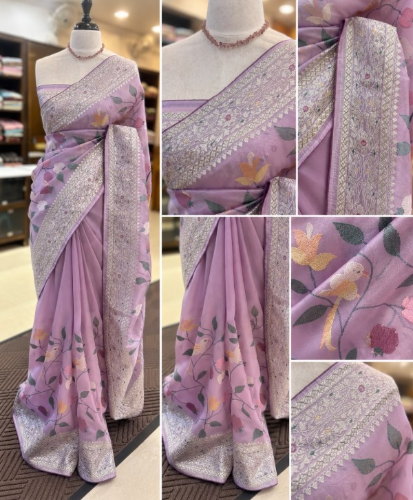 Soft Tissue Silk Saree with Silver Zari Meenakari Border & Cross-Stitch Detailing