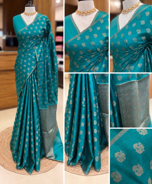 Aqua Blue Pure Tussar Silk Banarasi Saree with Scattered Buttas & Woven Pallu