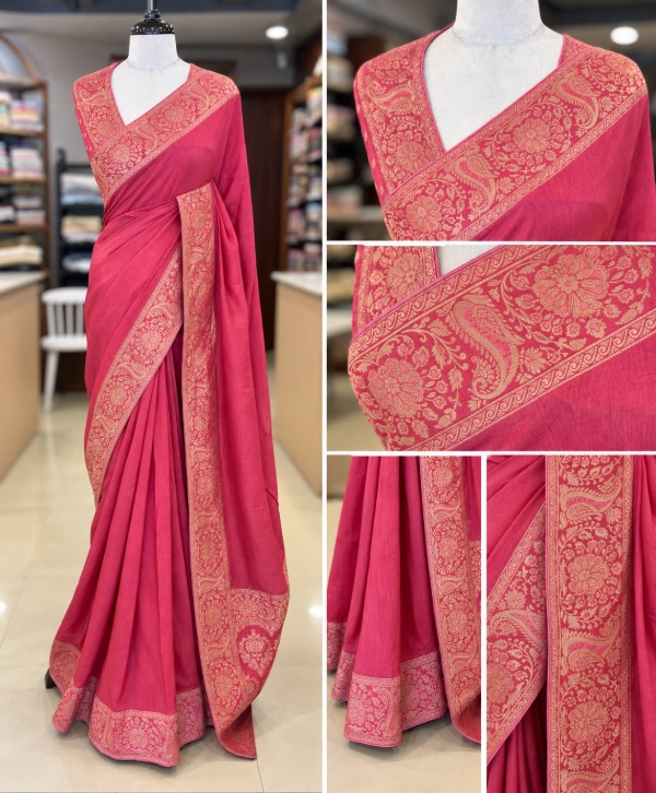 Rose Pink Dola Silk Saree with Golden Zari Woven Border