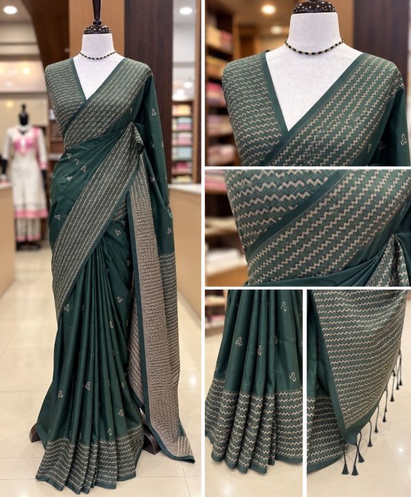 Dark Charcoal Grey Semi-Silk Saree with Golden-Beige Geometric Pallu