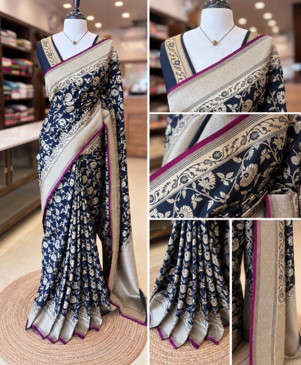 Black Pure Kathan Silk Saree with Antique Zari & Banarasi Weaving