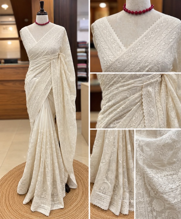 Off-White Mal Chanderi Saree with All-Over Machine Embroidery