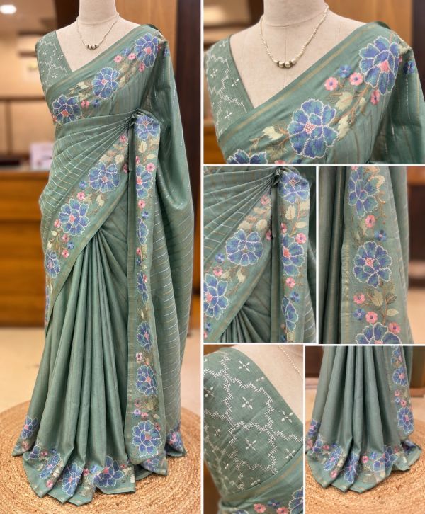 Semi Tussar Silk Saree with All-Over Thread Work and Elegant Banarasi Work