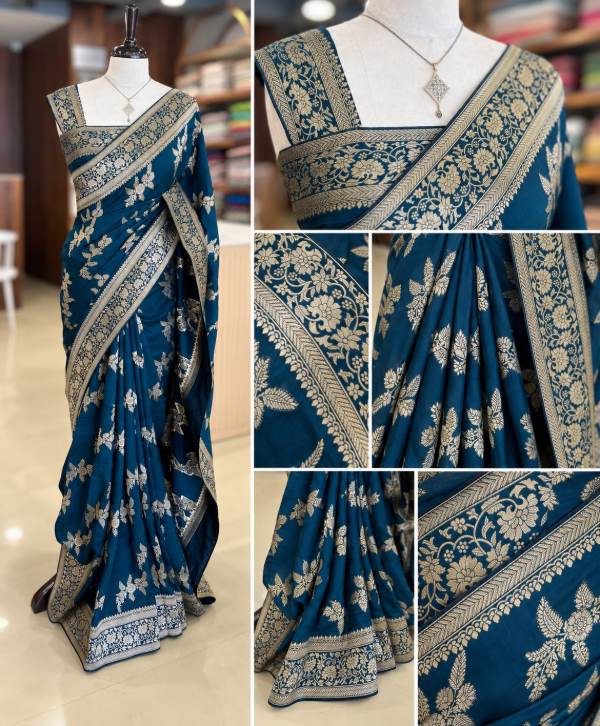 Midnight Blue Georgette Saree with All-Over Banarasi Weaving – Elegant Ethnic Wear