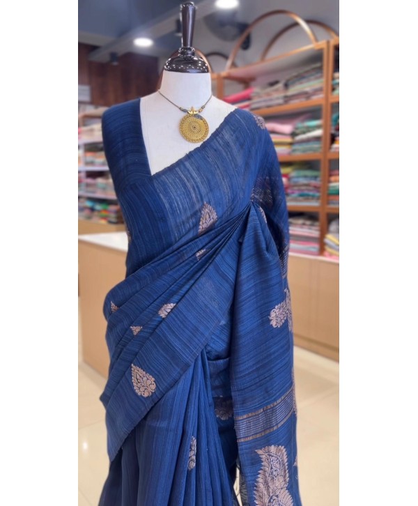 A Classic Navy Blue Muslin-Matka Silk Saree