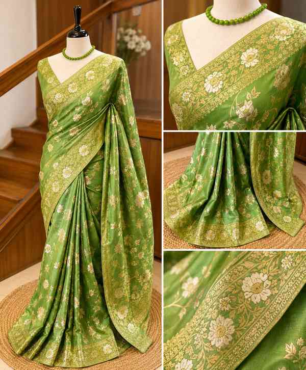 Luxury Green Chanderi Silk Saree with Floral Banarasi Woven Design