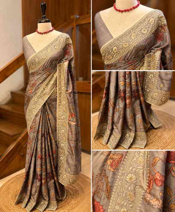 Elegant Grey Semi Tussar Silk Saree with Lucknowi Embroidery on Pearl Cream Border