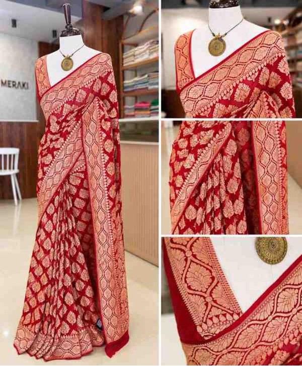 Red Khadi Georgette Banarasi Weave Saree with Bandhani Design