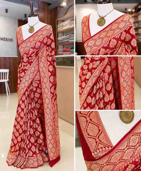 Red Khadi Georgette Banarasi Weave Saree with Bandhani Design