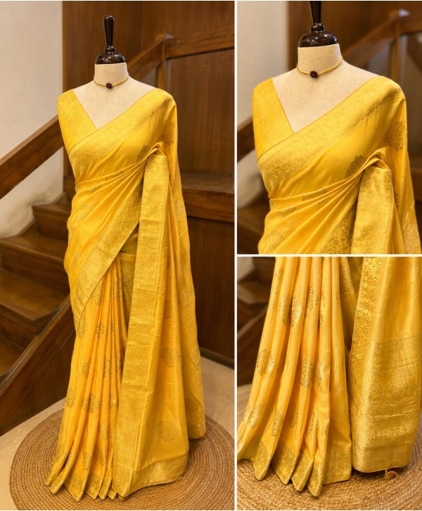 Lemon yellow Dola silk saree with Banarasi weave on border and pallu
