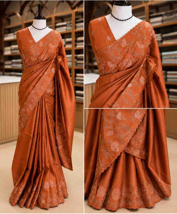A pure tussar silk saree in a rich burnt orange hue